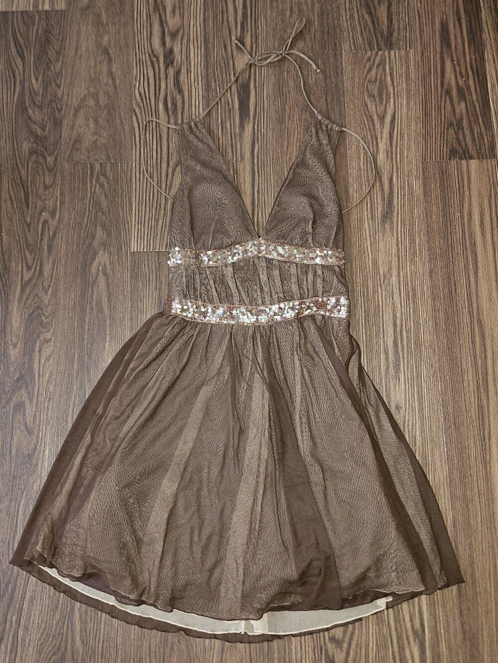Rampage Vintage Y2K Dress Juniors 7 Deadstock Brown Mesh Sequin V neck Halter